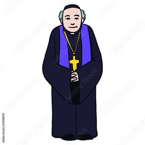 an old bishop with a black coat and purple scarf folds his hands in prayer. whole body, cartoon, isolated.