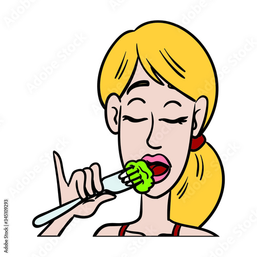 a woman who eats with her eyes closed. fork with cucumber. Salta, healthy food, cartoon, vector, isolated.