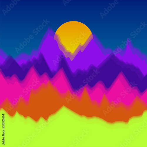 Vector colorful landscape with silhouettes of mountains and sun. Abstract nature background. Vector illustration