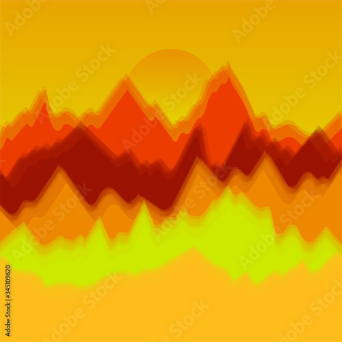 Vector colorful landscape with silhouettes of mountains and sun. Abstract nature background. Vector illustration
