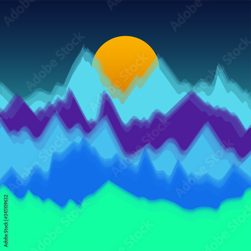 Vector colorful landscape with silhouettes of mountains and sun. Abstract nature background. Vector illustration