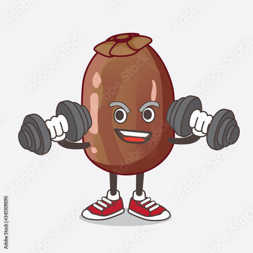Date Palm Fruit cartoon mascot character on fitness exercise trying barbells