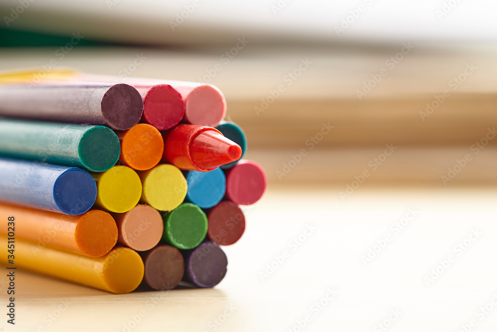 Colorful crayon on wooden table Colorful crayon on wooden table