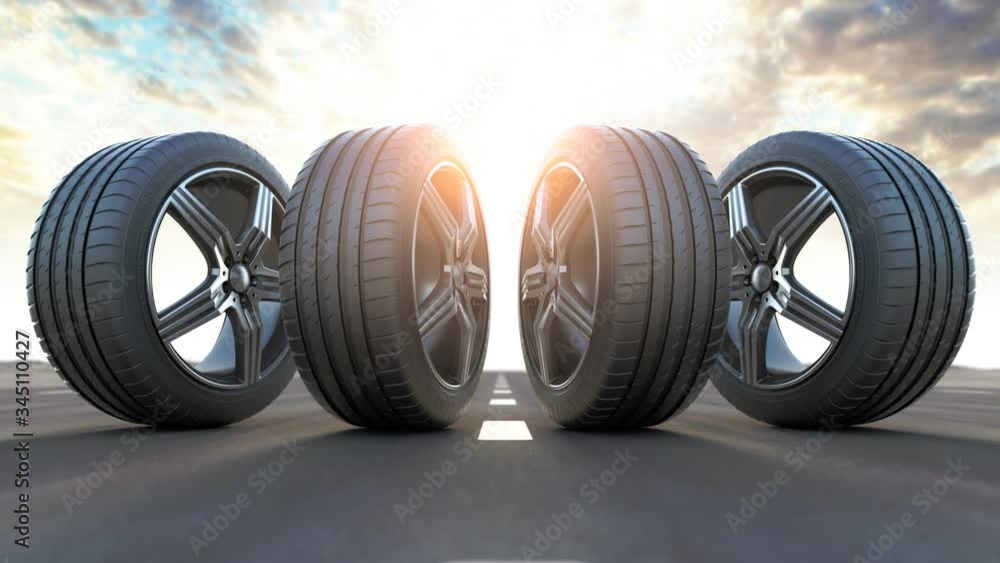Four car wheels on the road. Auto service, workshop or changing car tyres concept. 3d animation
