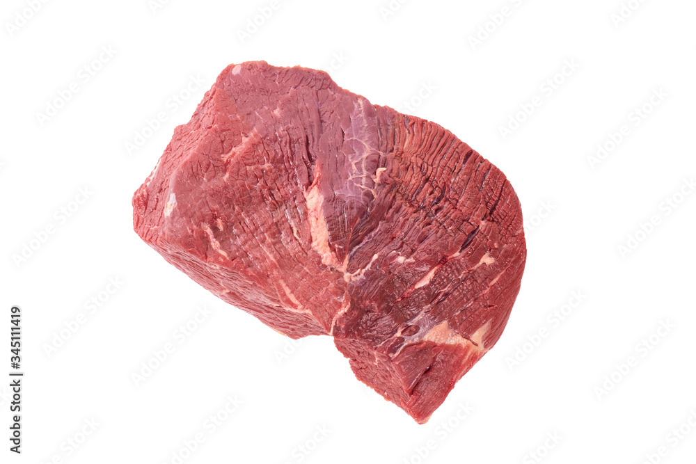 A large piece of peeled side of veal meat on a white background. A fresh piece of knuckle. The view from the top. A large piece of peeled side of veal meat on a white background. A fresh piece of knuckle. The view from the top.