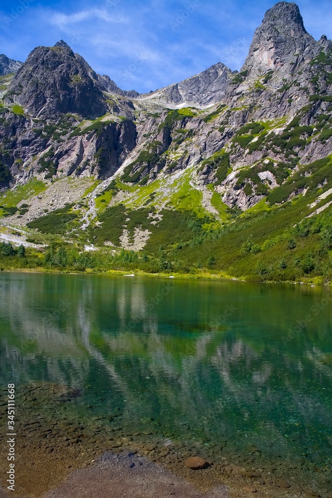 Green lake surrounded by Tatra peaks.