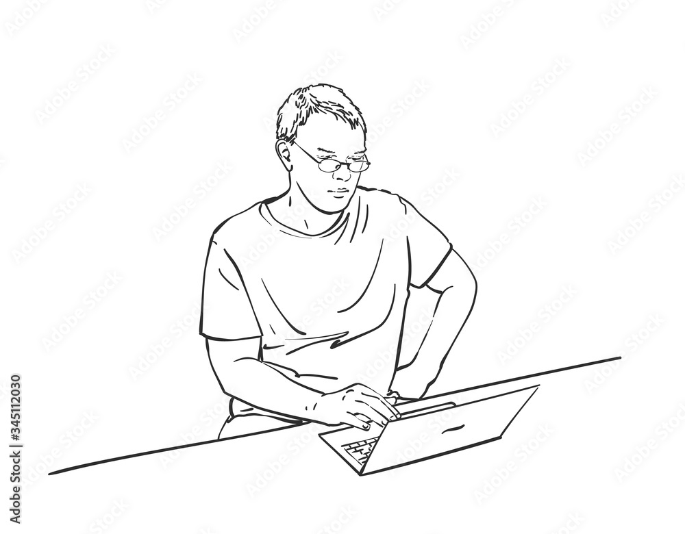 Sketch of man working on laptop. Hand drawn vector illustration Sketch of man working on laptop. Hand drawn vector illustration