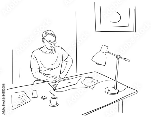 Sketch of man working from home on laptop with lamp, coffee cup, smartphone and papers on his desk. Hand drawn vector linear illustration