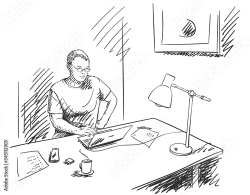 Sketch of man working from home on laptop with table lamp, coffee cup, smartphone and papers on his desk. Hand drawn vector illustration with hatched shades