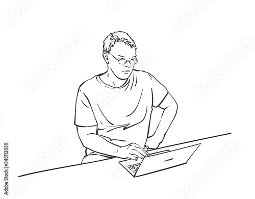 Sketch of man working on laptop. Hand drawn vector illustration