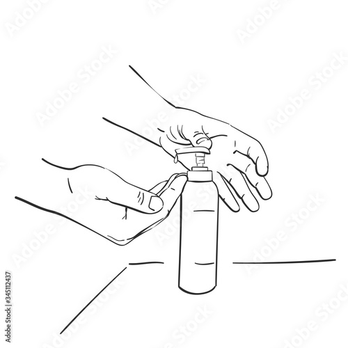 Pouring sanitizer alcohol gel onto hand for clean hygiene prevention of coronavirus outbreak, using bottle of antibacterial cleaning soap, Hand drawn linear illustration Vector sketch