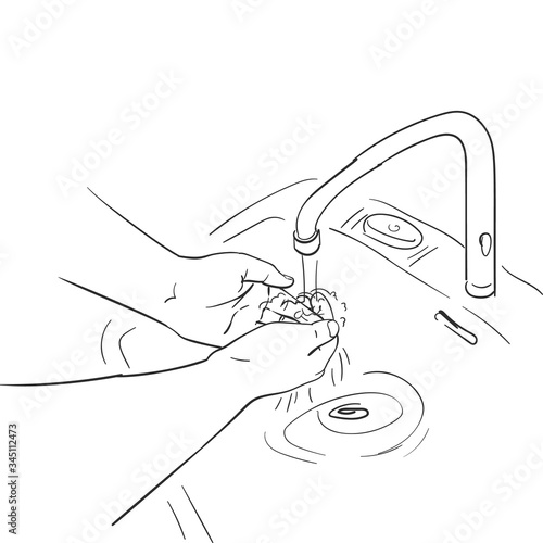 Sketch of washing hands under tap water in sink, Hand drawn vector linear illustration