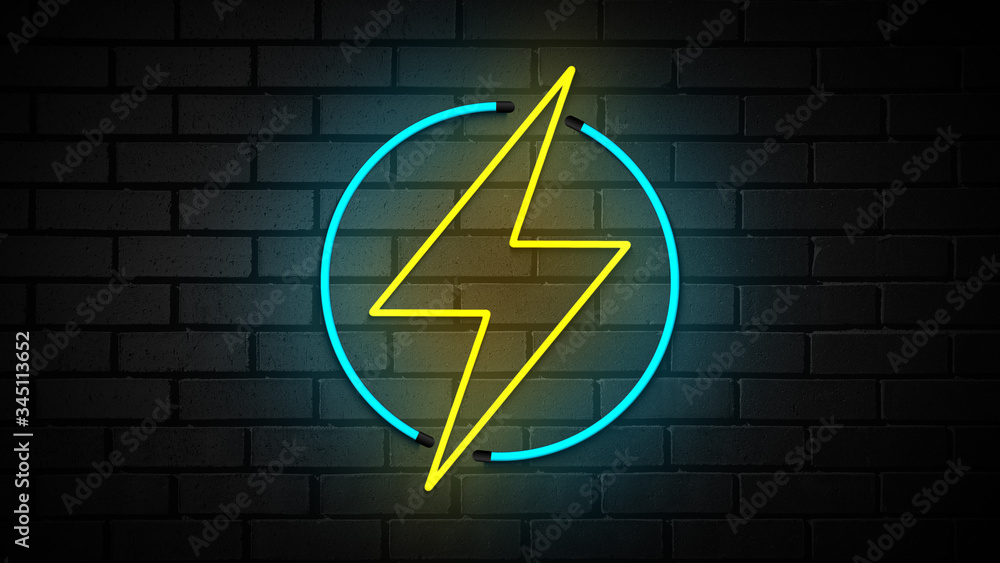 Lightning bolt icon neon on the brick background. Flash Symbol