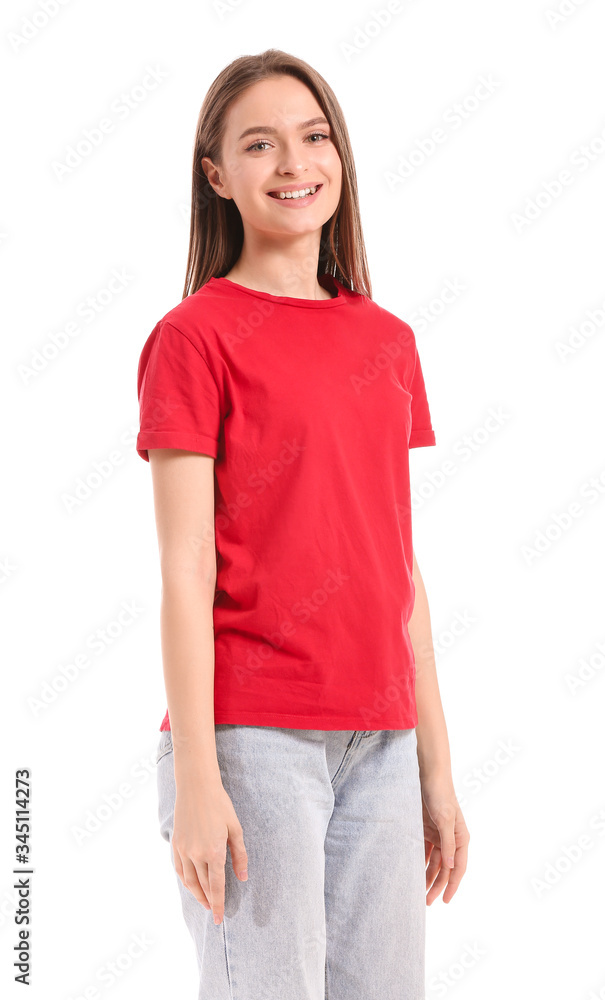 Young woman in stylish t-shirt on white background Young woman in stylish t-shirt on white background