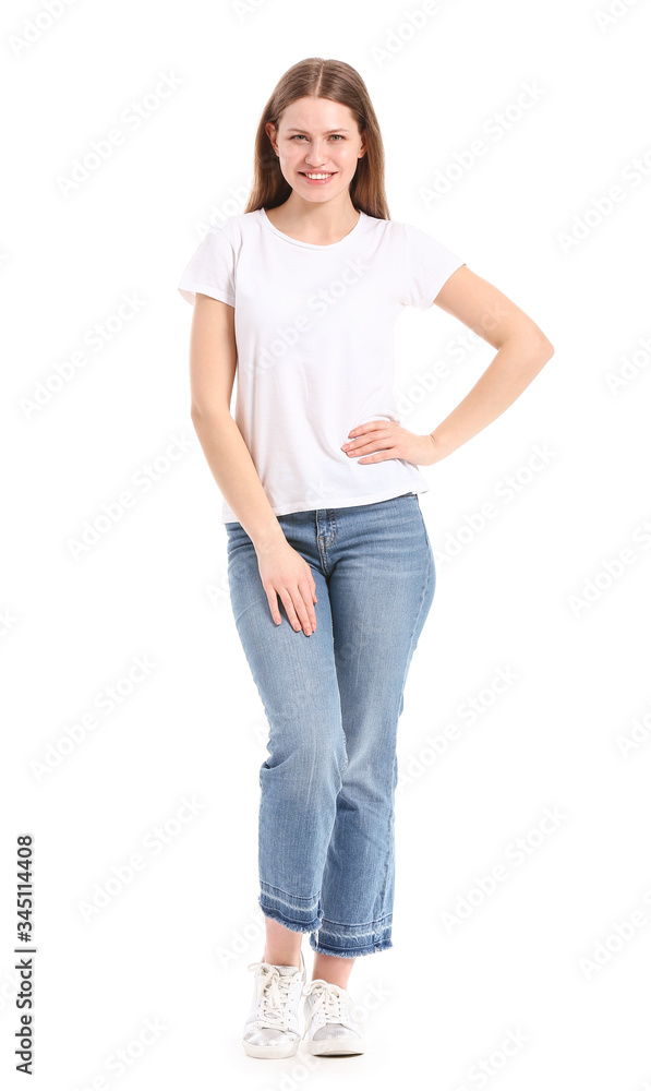 Young woman in stylish t-shirt on white background Young woman in stylish t-shirt on white background