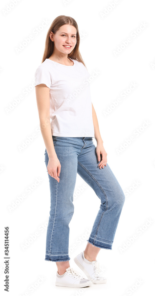 Obraz premium Young woman in stylish t-shirt on white background