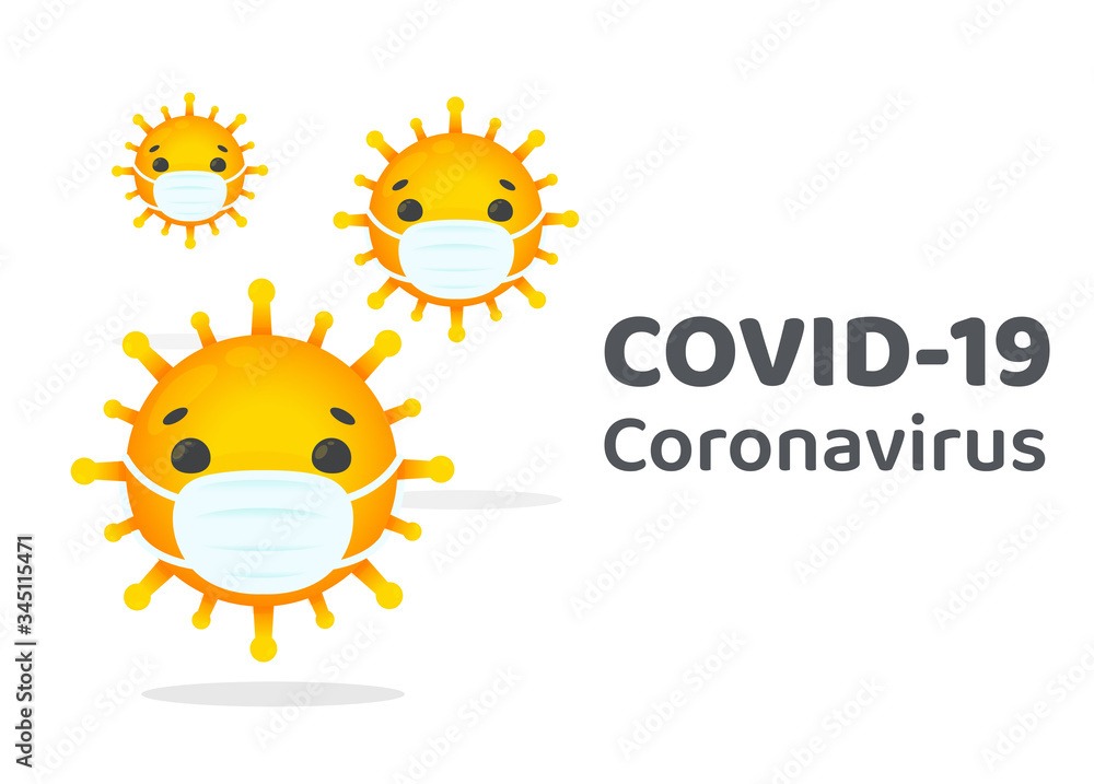 Corona virus cartoon character wearing a mask to prevent the spread of the flu