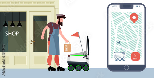 Contactless delivery concept illustration. Robot courier delivers, brings parcels to the house. The use of modern technology in courier delivery. tracking  via smartphone via GPS 