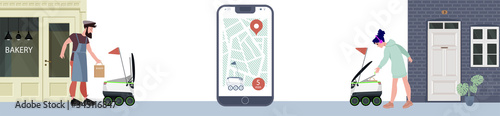 Contactless delivery concept illustration. Robot courier delivers, brings parcels to the house. The use of modern technology in courier delivery. tracking  via smartphone via GPS 