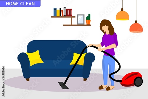 illustration of a woman with vacuum cleaner cleaning the house photo