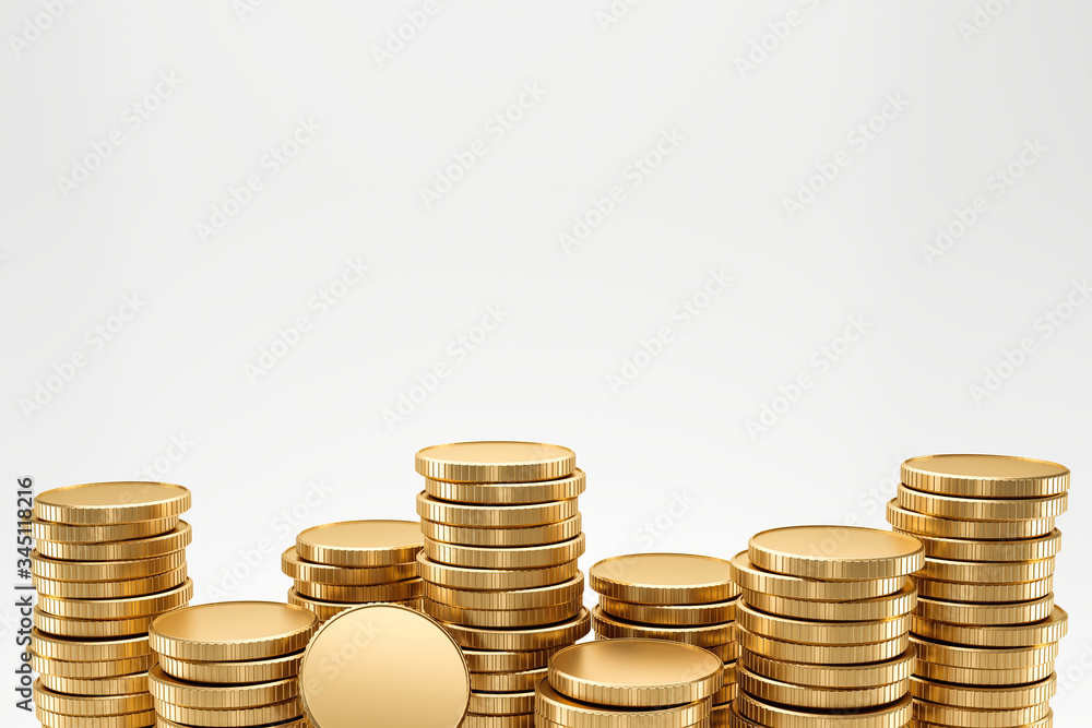 Closeup of Stack golden coins on white background with earning profit concept. Gold coins or currency of business. 3D rendering. Closeup of Stack golden coins on white background with earning profit concept. Gold coins or currency of business. 3D rendering.