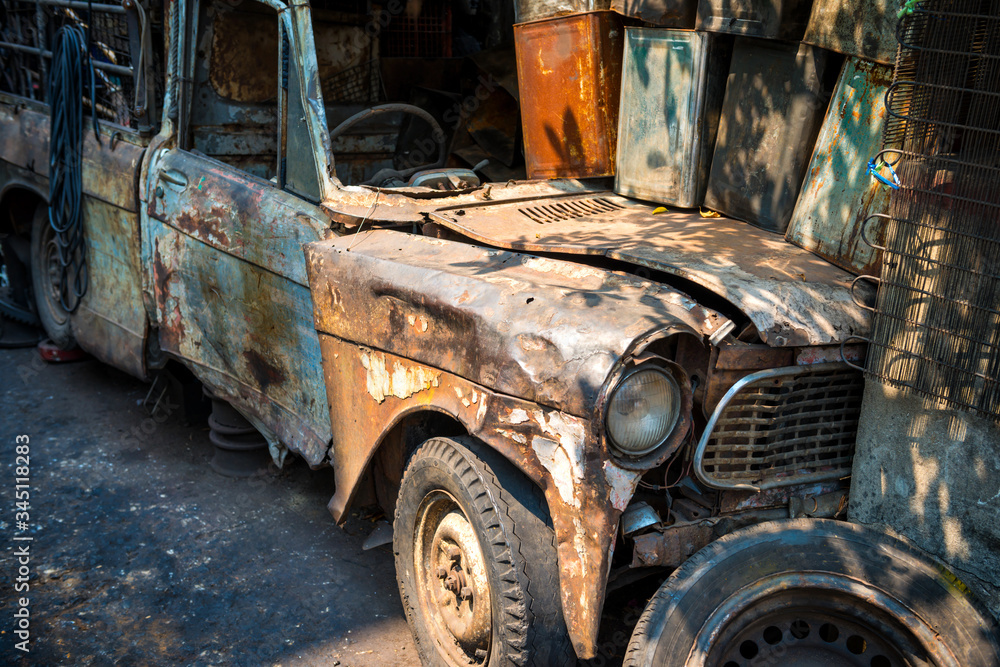 Old broken rusty car. Rust on metal of vintage automobile