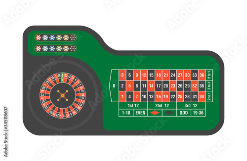 Casino roulette table. Green gambling roulette table with numbers. top view

