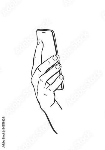 Vector sketch of hand holding smartphone, Hand drawn illustration linear isolated