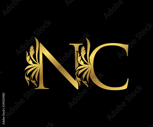 Classy Gold N, C, NC Letter Floral logo. Vintage drawn emblem for book design, weeding card, brand name, business card, Restaurant, Boutique, Hotel.