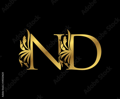 Classy Gold N, D, ND Letter Floral logo. Vintage drawn emblem for book design, weeding card, brand name, business card, Restaurant, Boutique, Hotel.