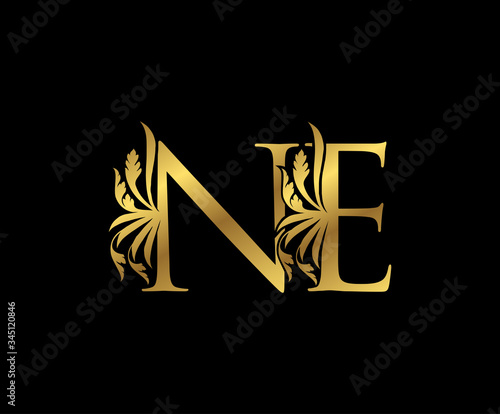Classy Gold N,E, NE Letter Floral logo. Vintage drawn emblem for book design, weeding card, brand name, business card, Restaurant, Boutique, Hotel.