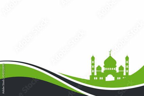 Simple Flat Green Black Islamic Wave Background with Mosque Design Template Vector