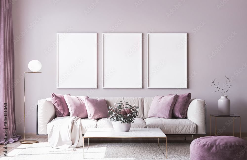 Modern sofa on light pink wall background with trendy home accessories,  home decor interior, luxury living room ilustración de Stock | Adobe Stock