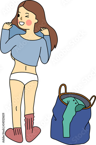 Vector of flat doodle character design illustration of girl take off her sweater cloth