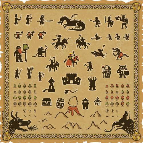 RPG map elements set that includes a frame, various medieval fantasy icons and a square parchment background.