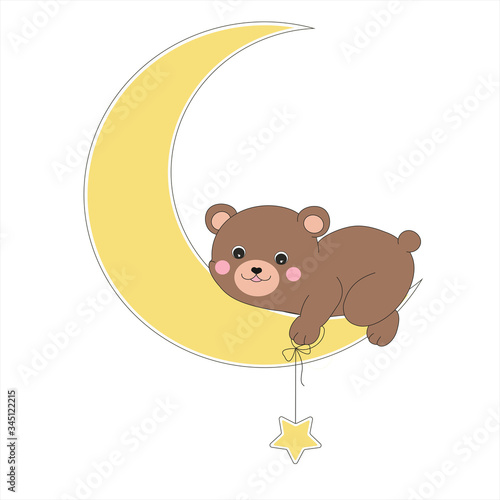 Cute brown little bear on the moon with a little star in hand