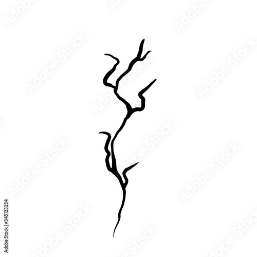 Very simple, not perfect black silhouette of a branch. Icon illustration isolated on white. Hand drawing vector asia sign, symbol. Japanese style wabi sabi.