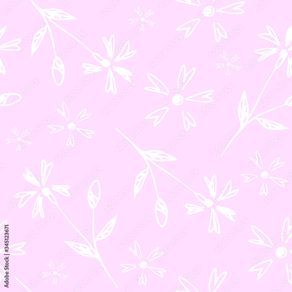 Floral seamless pattern vector. Wild flowers print white on pink.