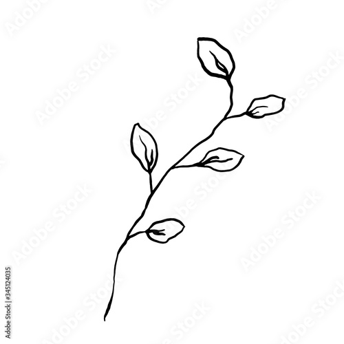 Simple not perfect black branch silhouette with leaves. Icon illustration isolated on white. Hand drawing vector asia sign, symbol. Wabi sabi japanese style.