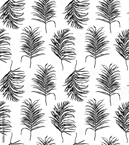Black and white tropical palm tree leaves seamless pattern.