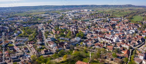Aerial view of the city Ditzingen in Germany on a sunny morning in early spring 
