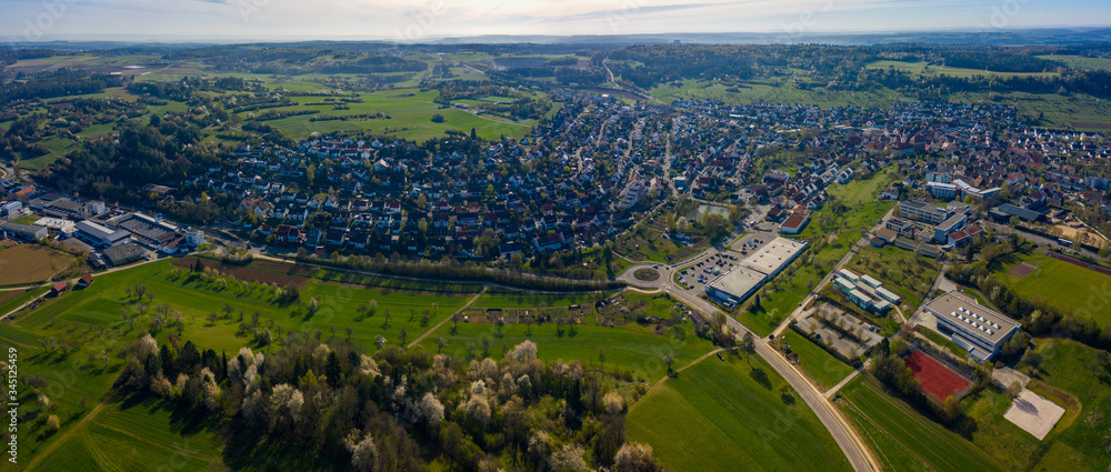 Aerial view of the city Heimsheim in Germany on a sunny morning in early spring
