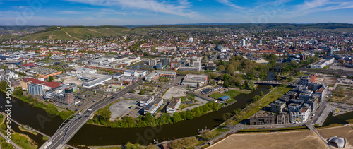 Aerial view of the city Heilbronn in Germany on a sunny day in early spring