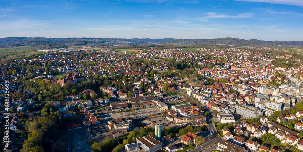 Aerial view of the city Baknang in Germany on a sunny day in early spring