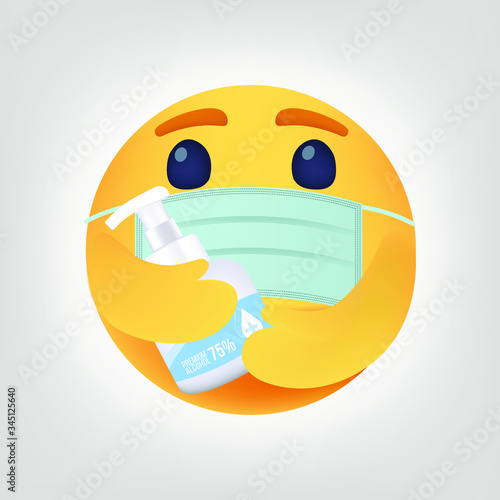 Protect virus reactions hand sanitizer emoticon Design 2020 high quality vector round yellow cartoon bubble emoticons comment social media chat comment on white background
