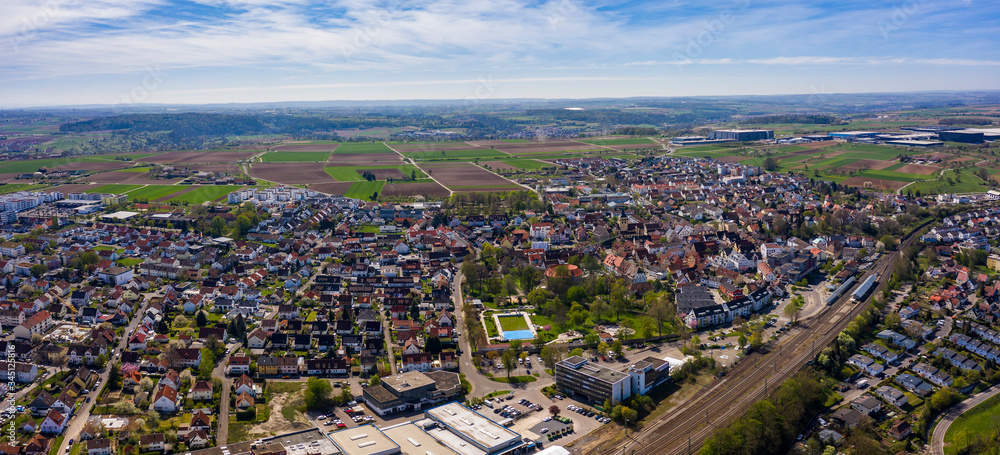 Aerial view of the city Sachsenheim in Germany on a sunny day in early spring
