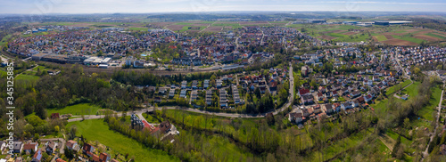 Aerial view of the city Sachsenheim in Germany on a sunny day in early spring 