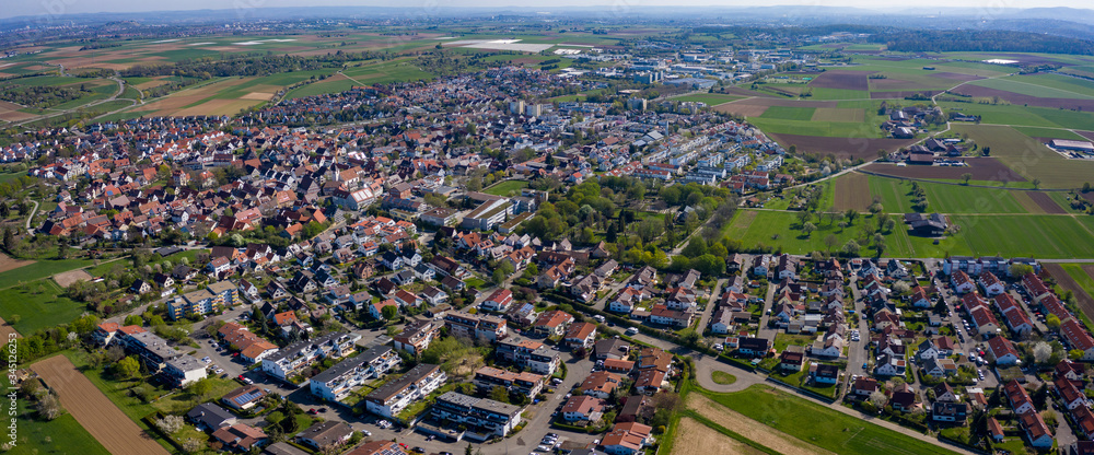 Aerial view of the village Münchingen in Germany on a sunny morning in early spring
