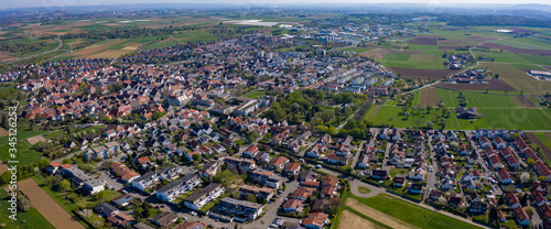 Aerial view of the village Münchingen in Germany on a sunny morning in early spring 