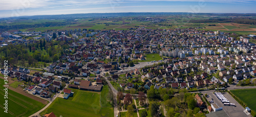 Aerial view of the city Hemmingen in Germany on a sunny day in early spring
